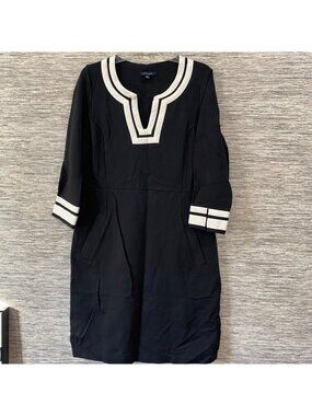 Lands End Black & White Nautical V-Neck Dress Size 14 3/4 Sleeves Cotton Blend